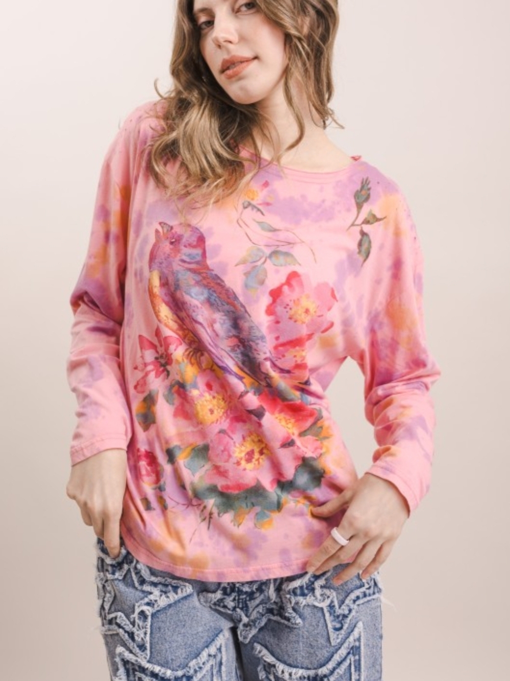 BV11 The Happy Bird Pink Floral  Long-Sleeve Top